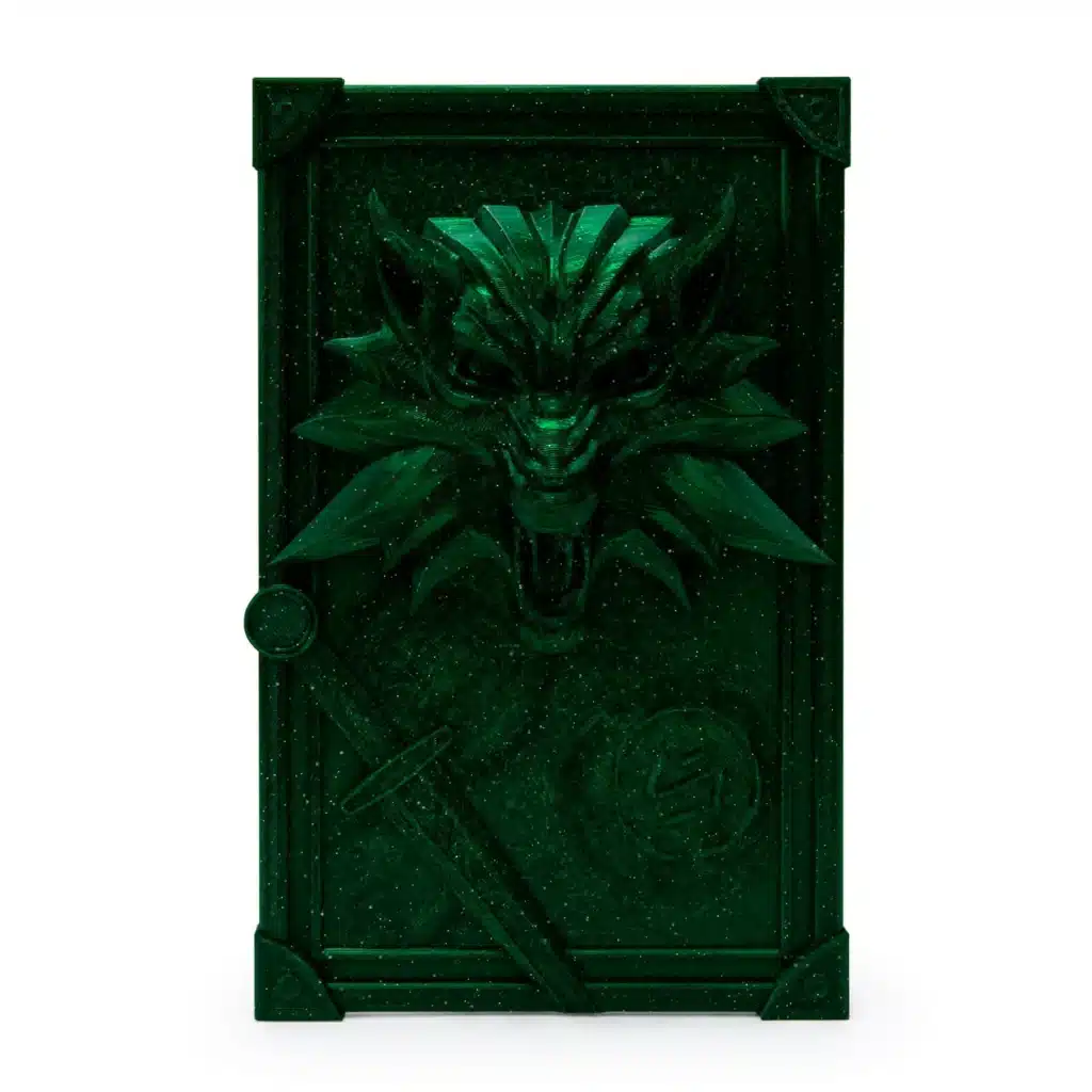 Model vuka i mača štampan Twinkling Blackish Green PLA filamentom – detaljan reljef sa svetlucavim efektom iz ZIRO ponude