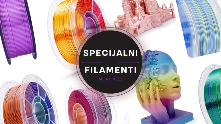 Specijalni filamenti prikazani kroz rolnu u više boja i 3D modele sa efektima preliva, svilenkastog sjaja i pastelnog finiša, uz centralni natpis Specijalni filamenti – Morfik 3D