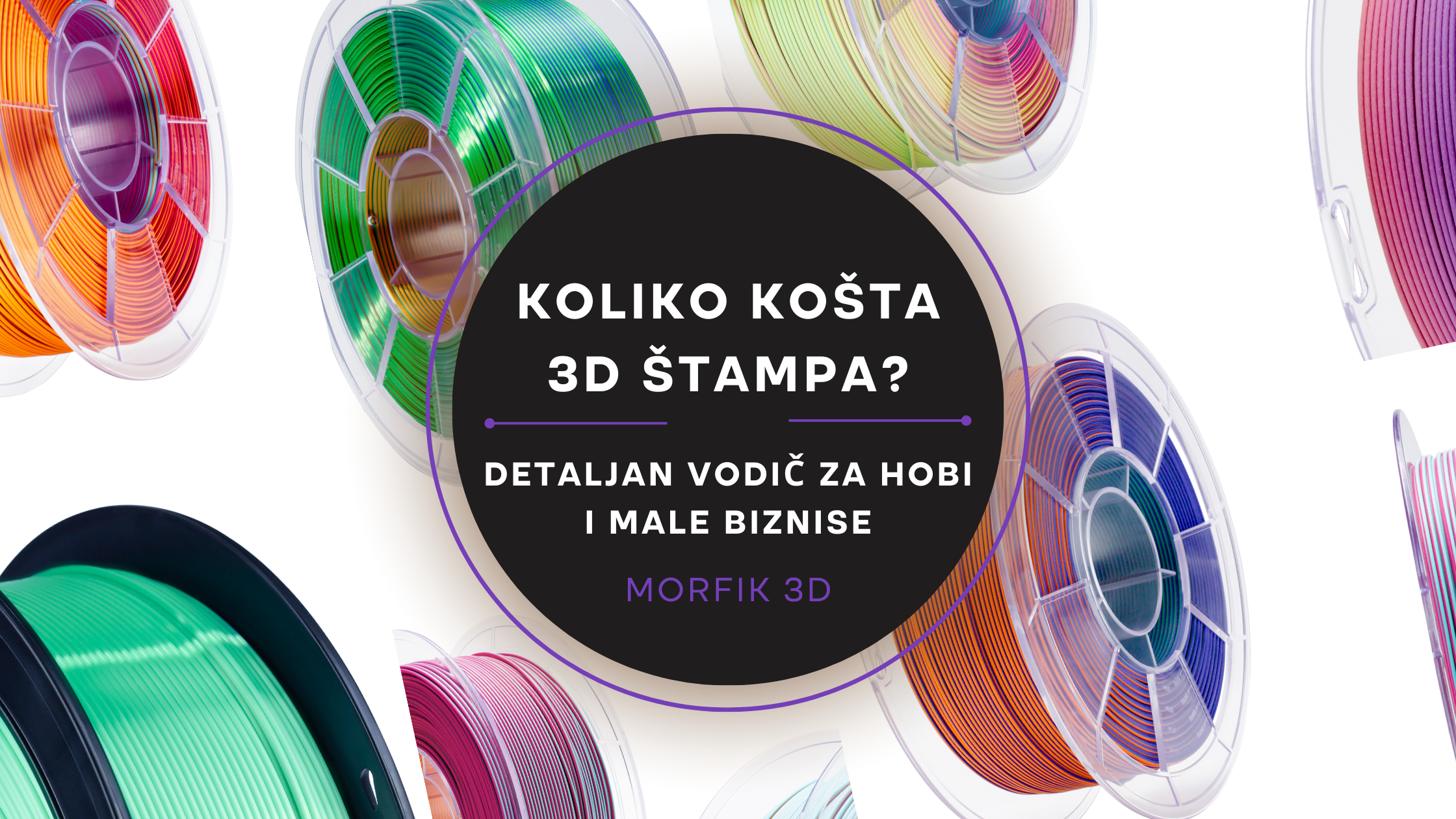 Baner sa rolama filamenta u različitim bojama i naslovom bloga Koliko košta 3D štampa – vodič za hobi i male biznise