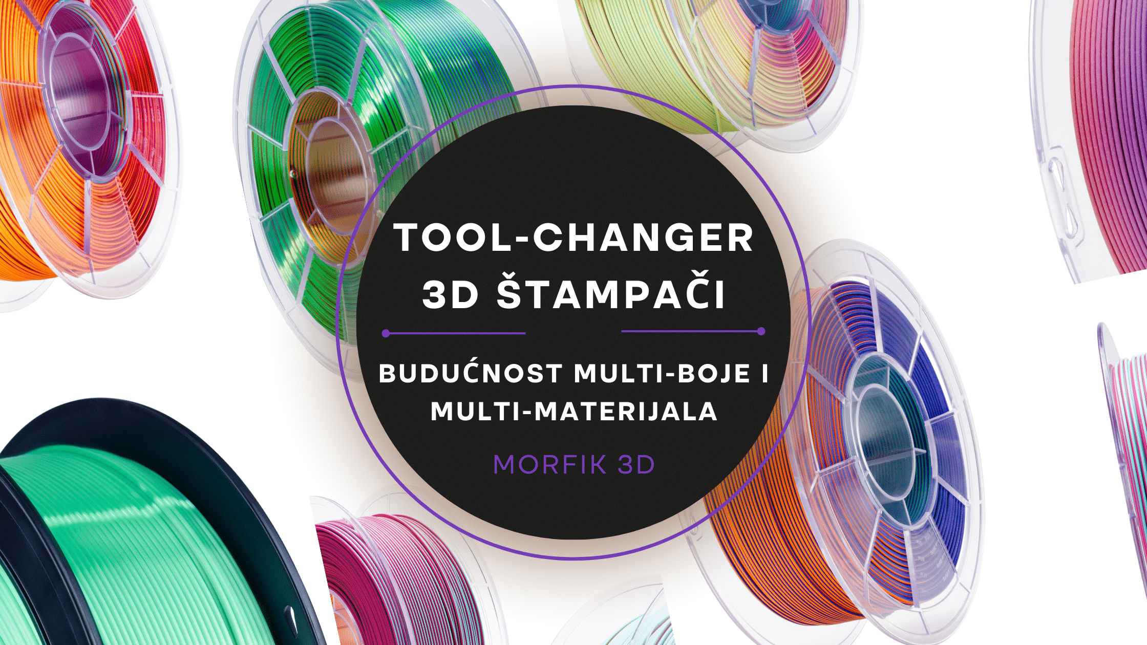 Baner sa rolnama filamenta i natpisom Tool-Changer 3D štampači – budućnost multi-boje i multi-materijala, Morfik 3D