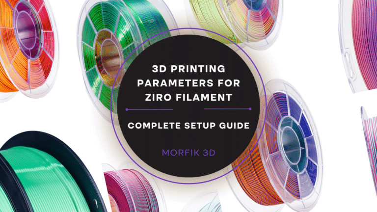 Header image for the blog "3D Printing Parameters for ZIRO Filament" – colorful ZIRO filament spools on a 3D printer desk, Morfik 3D guide.