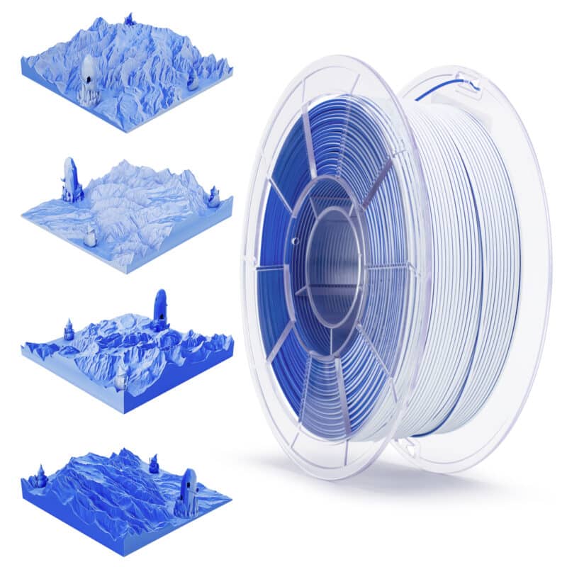 ZIRO tri-color matte pla snow mountain filament prečnika 1.75 mm sa mat teksturom i trostrukim prelivom plave, bele i sive boje za 3D štampu.