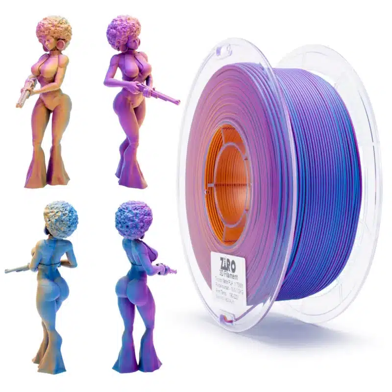 ZIRO Tri-Color Matte PLA Purple Sunset filament na kalemu, mat završnica sa trobojnim prelazima ljubičaste, roze i toplih sunset tonova, prečnik 1.75 mm.